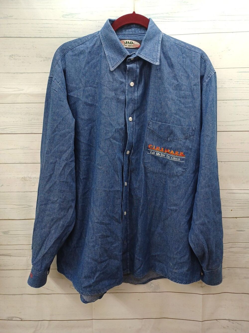 Vtg Cinemark Lo Mejor En Cine Shirt Mens Blue Chambray Button Up Long Sleeve XL